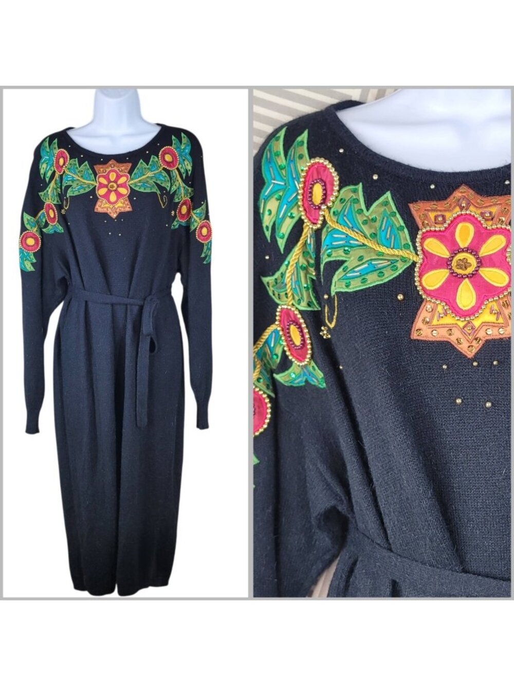 Vintage Sweater Dress XL Stretch Midi Long Embroidered Knit Beaded Sequin Black